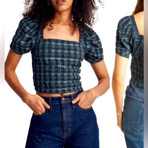 Madewell Plaid Puff Sleeve Crop Top